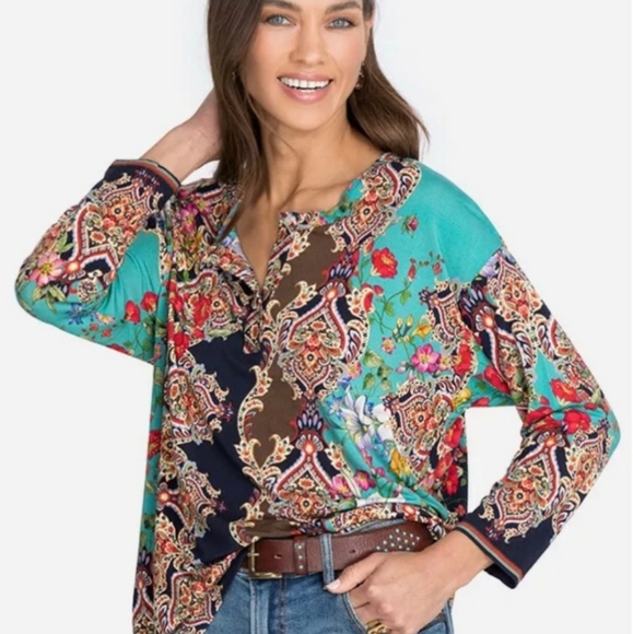 JOHNNY WAS* Floral Henley Tee - Picture 2 of 7